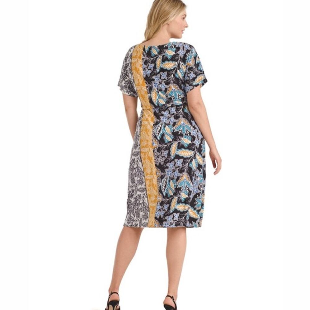 London Times Floral Blouson Midi Dress Plus 1X or 3X Mustard Teal Blue Black - Picture 3 of 7